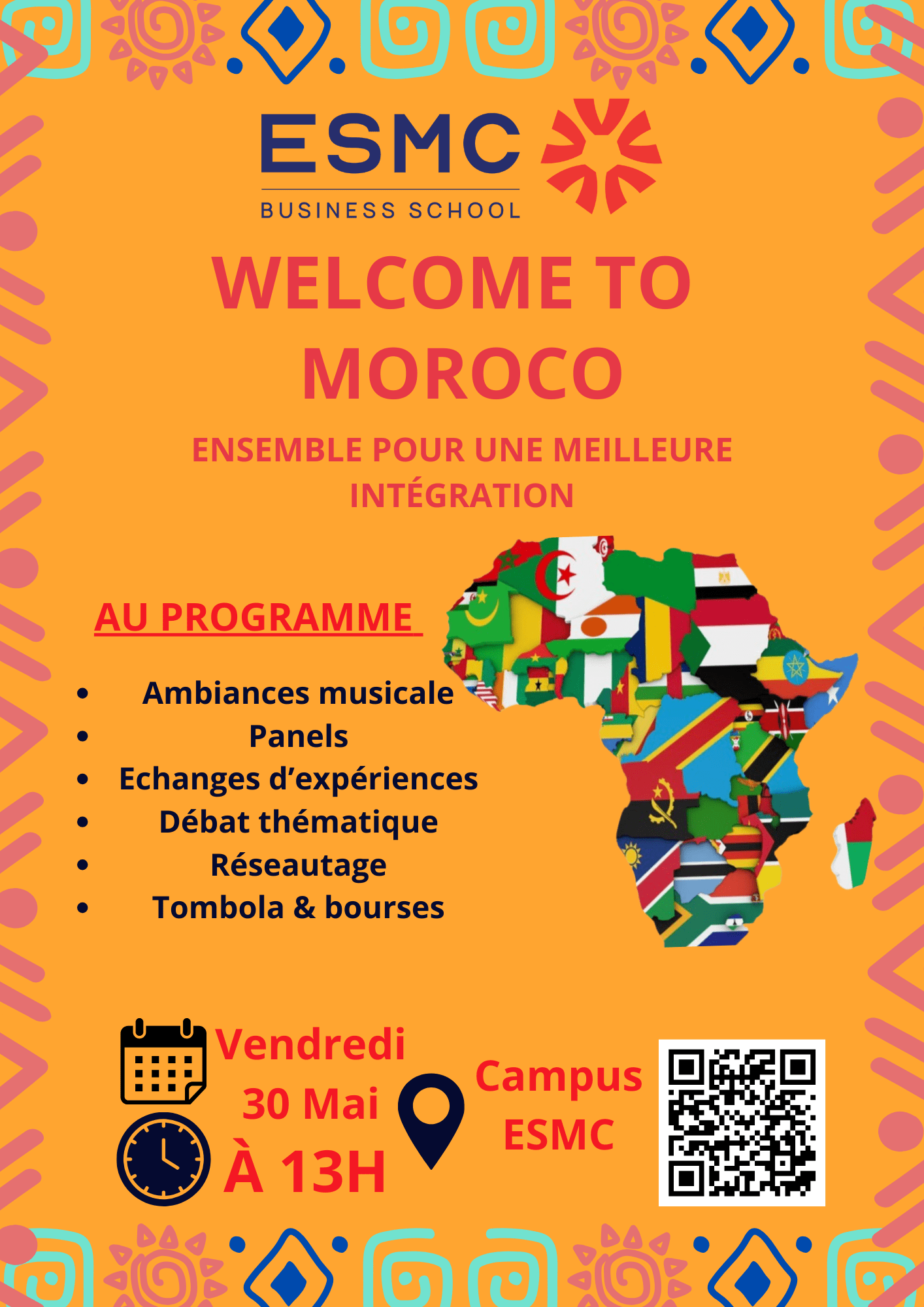 Affiche de l'événement étudiant Welcome to Morocco – intégration et partage culturel à l’ESMC