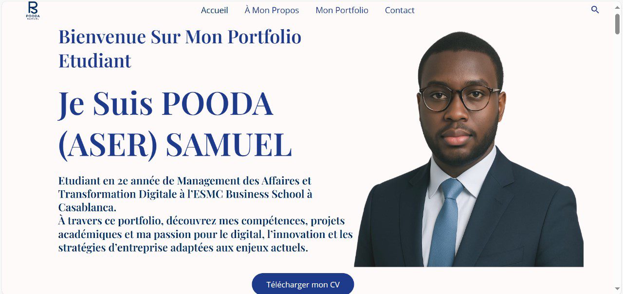 Capture d’écran du portfolio étudiant de Pooda Samuel – présentation du profil